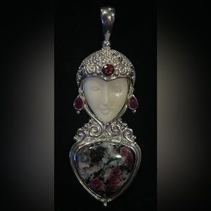 Sajen Bali Moon Goddess and Eudalite Pink Pendant with red Garnet accents in 925